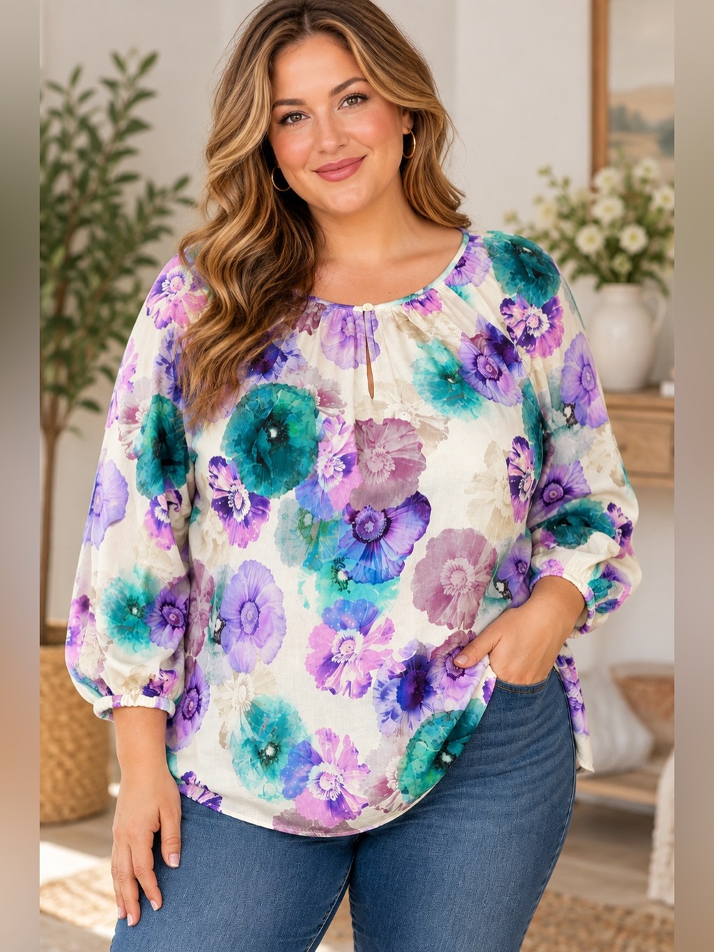 Lane Bryant Cream Floral Blouse with Teal & Purple